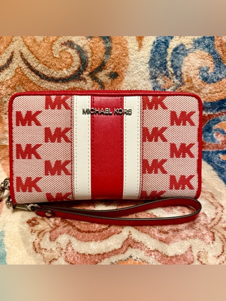 Michael Kors Red & White Monogram Wristlet With Center Stripe